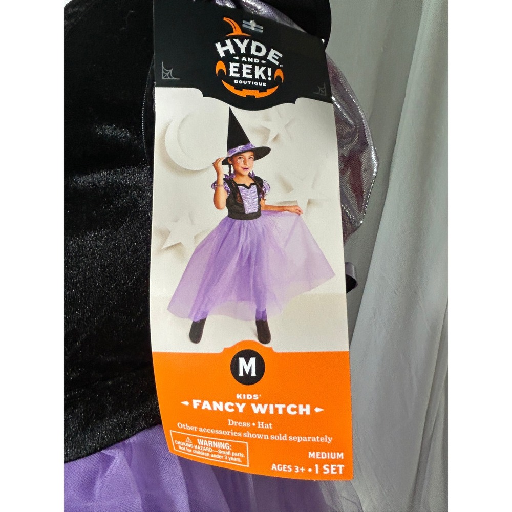 Hyde and EEK Boutique Kids Fancy Witch Costume Dress and Hat Set Purple Black M